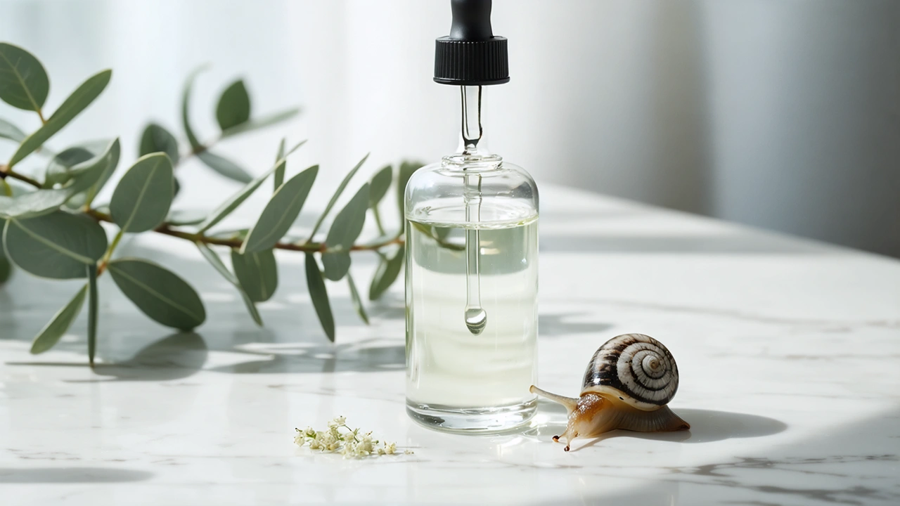 niacinamide serum for pigmentation Indian skin — Quench Botanics 96% Snail Mucin Serum on flatlay with botanical ingredients